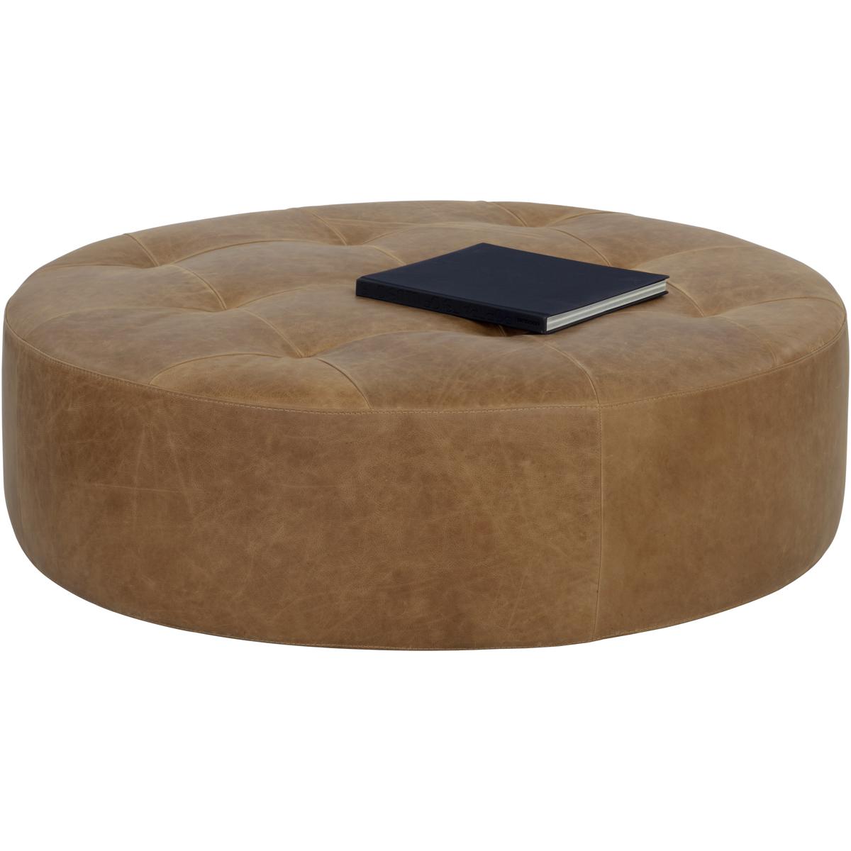 Hemingway Rustic Lodge Brown Leather Tufted Round Cocktail Ottoman